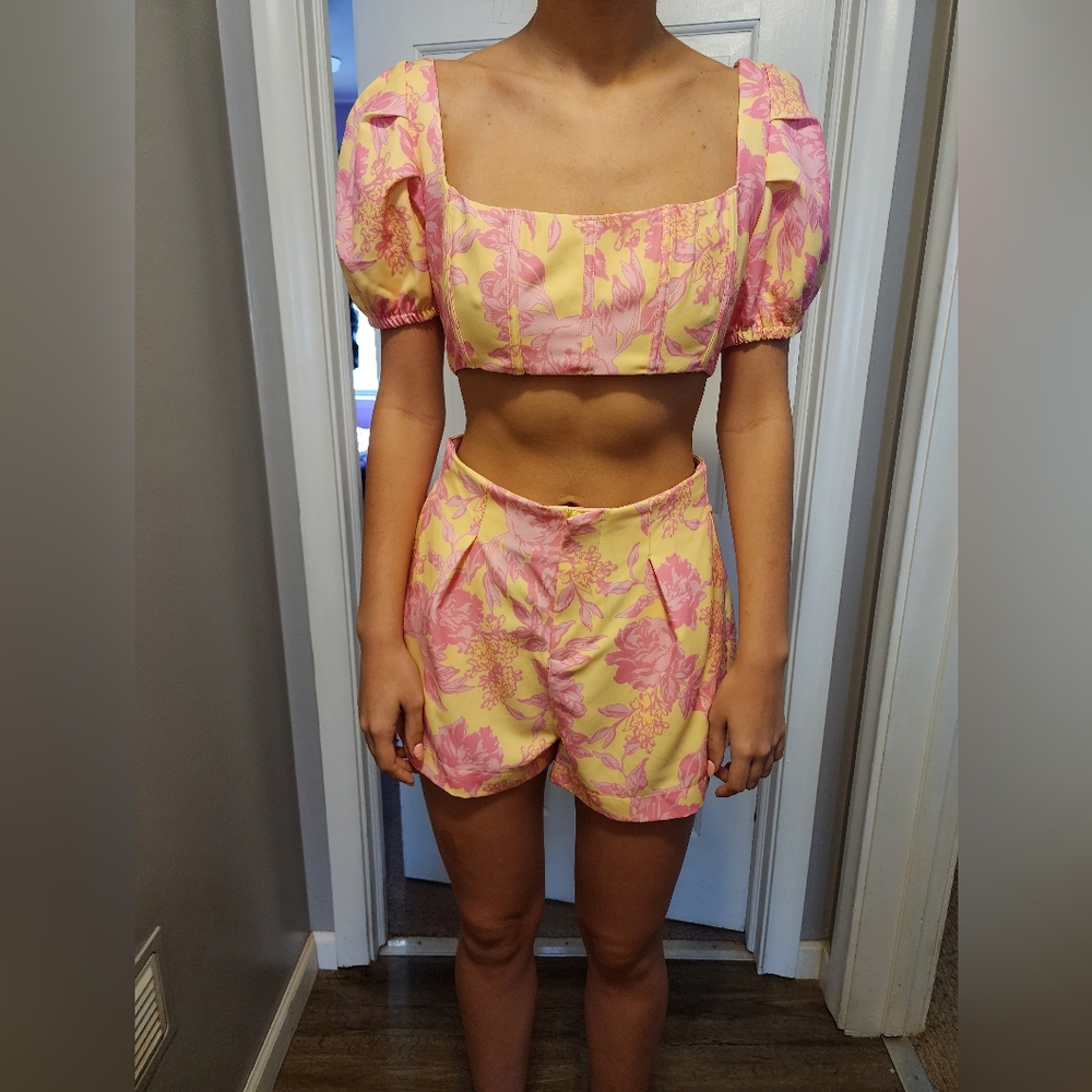 White Fox Boutique Yellow & Pink Floral High-Waist Shorts
